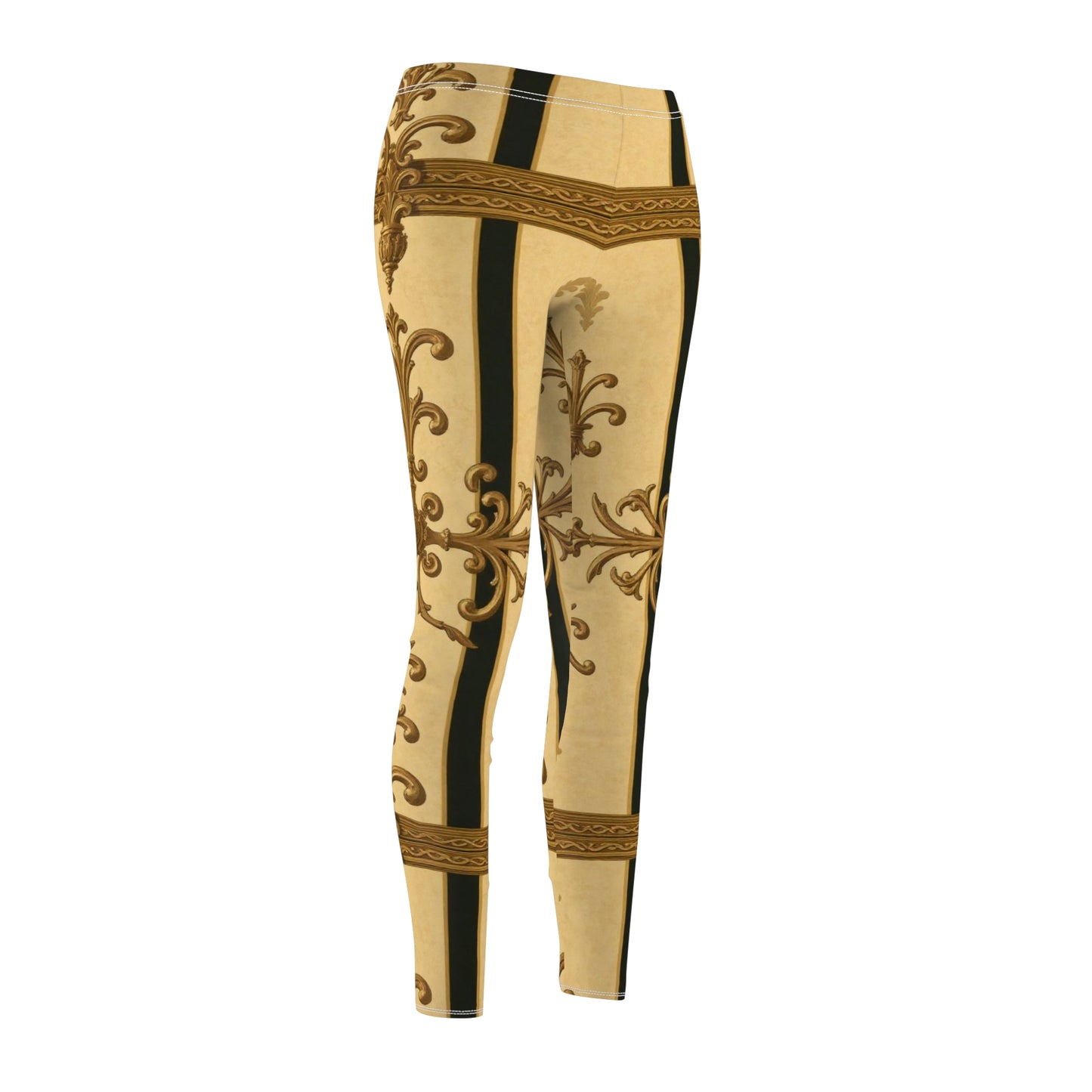 Elegant Gold Baroque Print Women's Leggings, Chic Activewear, Stylish Loungewear, Unique Workout Pants - Matte Yellow Striped Antique Rococo