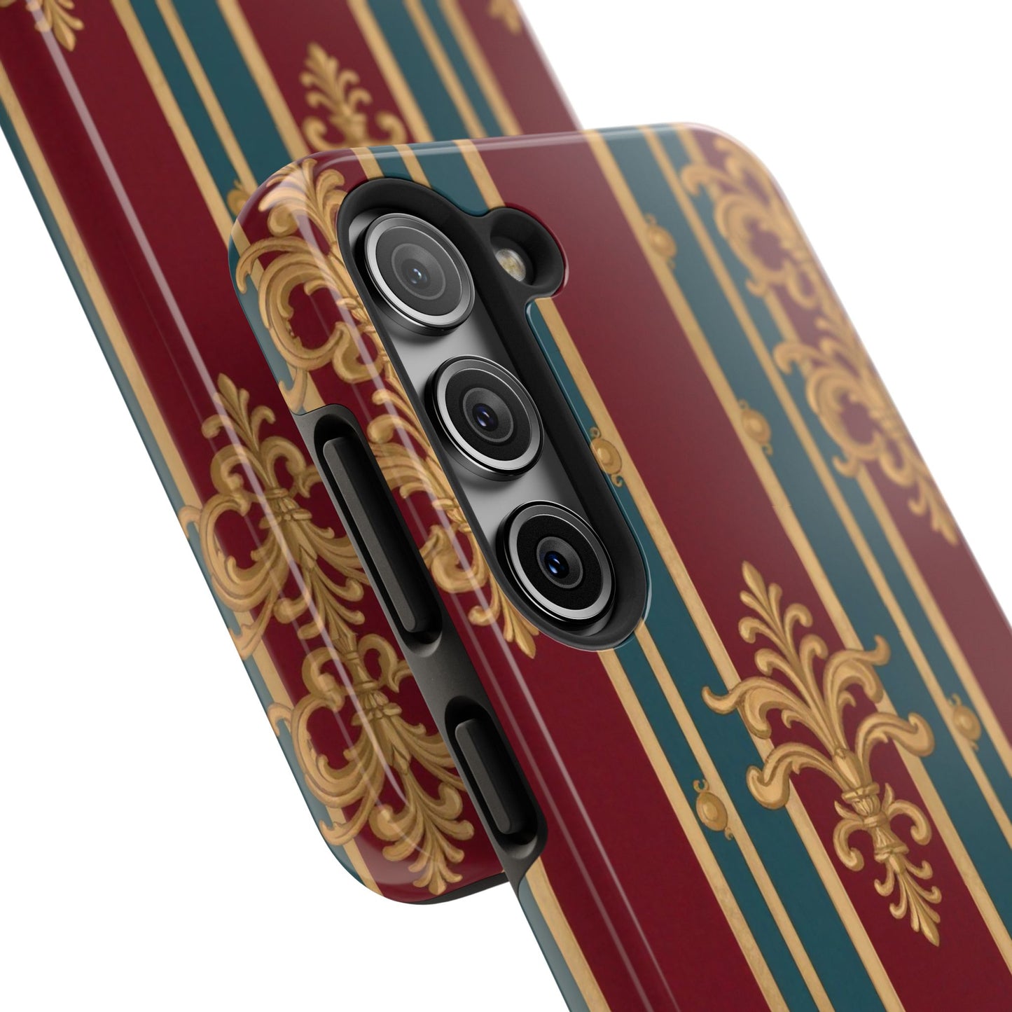 Elegant Vintage Tough Phone Case, Luxury Phone Protection, Stylish Phone Cover, Durable Phone Accessory - Burgundy Striped Gold Baroque