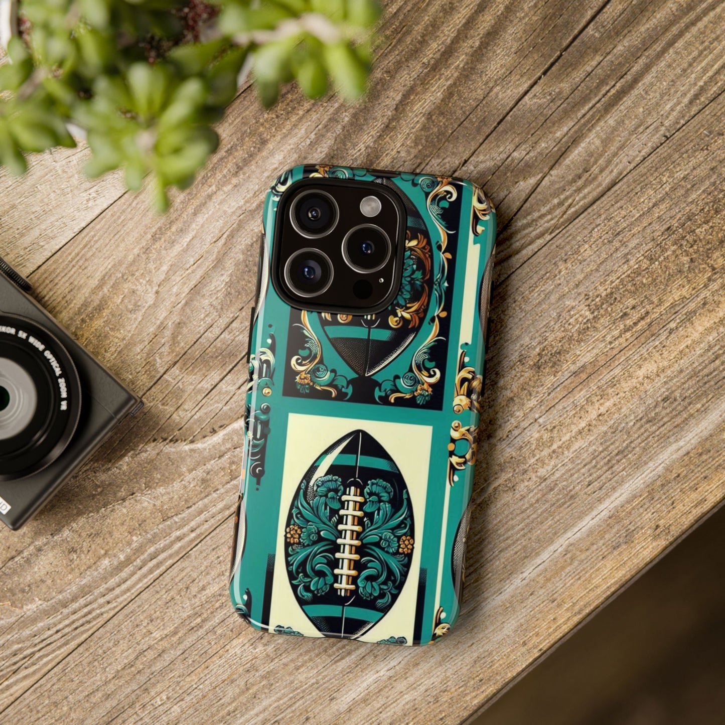 Elegant Floral Motif Phone Case - Tough Cases with Vintage Design -  Damask Teal, Gold & Black Footballs