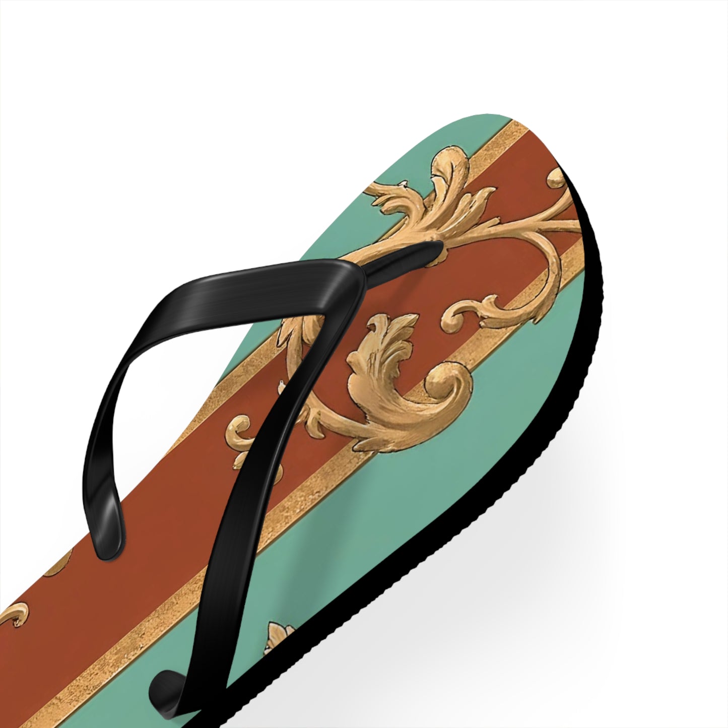 Elegant Vintage Flip Flops with Ornate Design - Perfect for Summer & Beach Getaways - Rust & Mint Aqua Striped Baroque