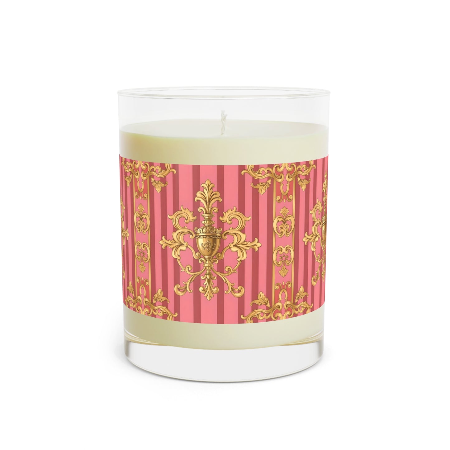 Luxury Floral Scented Candle - Elegant Home Decor, Gift for Her, Romantic Ambiance, Wedding Favors - Pink Striped Gold Baroque