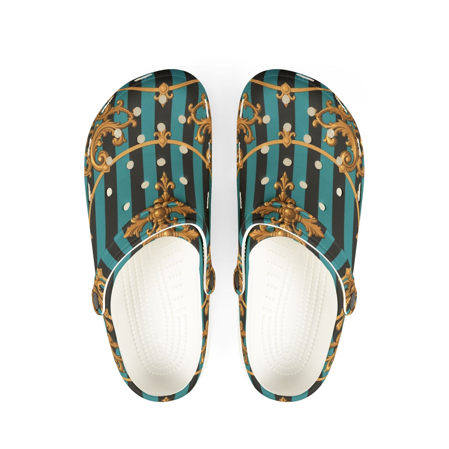 Stylish Turquoise & Black Striped Gold Baroque EVA Foam Rubber Shoes with Elegant Gold Pattern, Casual Footwear