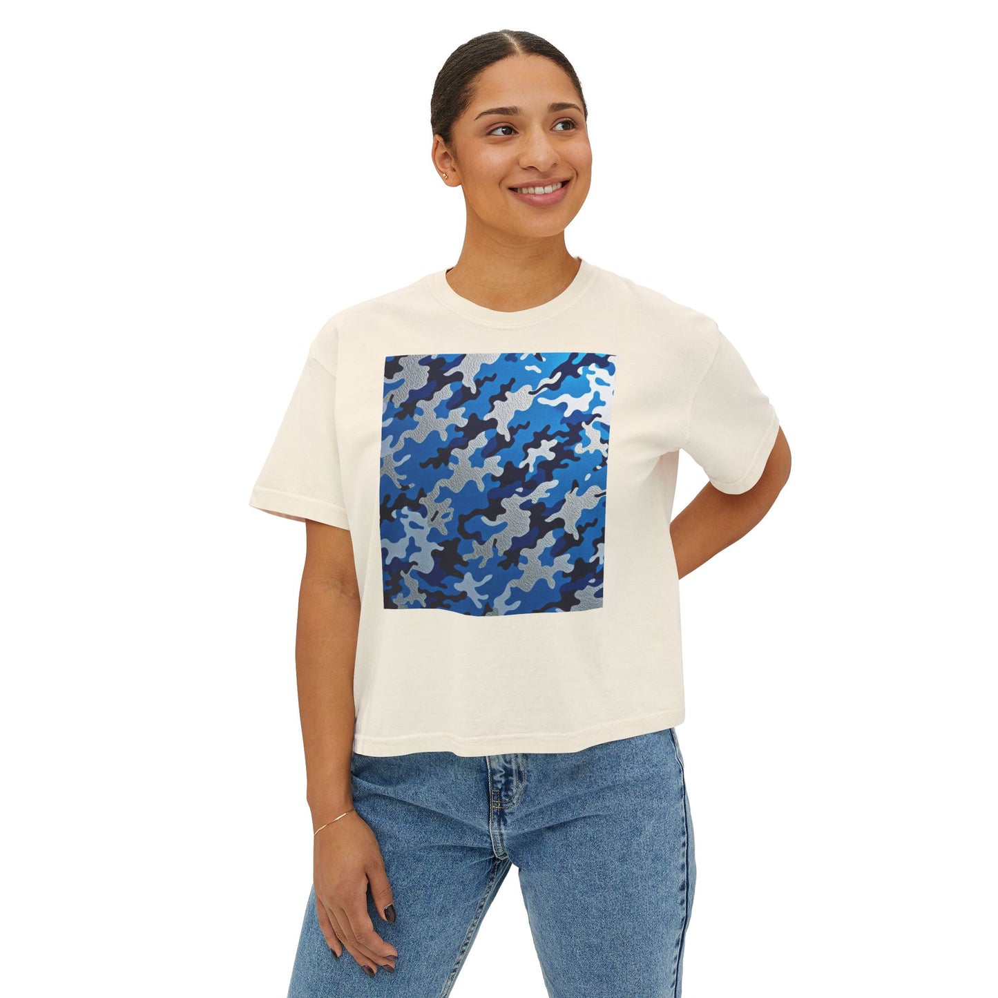 Camo Print Women's Boxy Tee, Casual Top, Summer T-Shirt, Outdoor Wear, Gift for Her, Trendy Fashion - Blue Camo