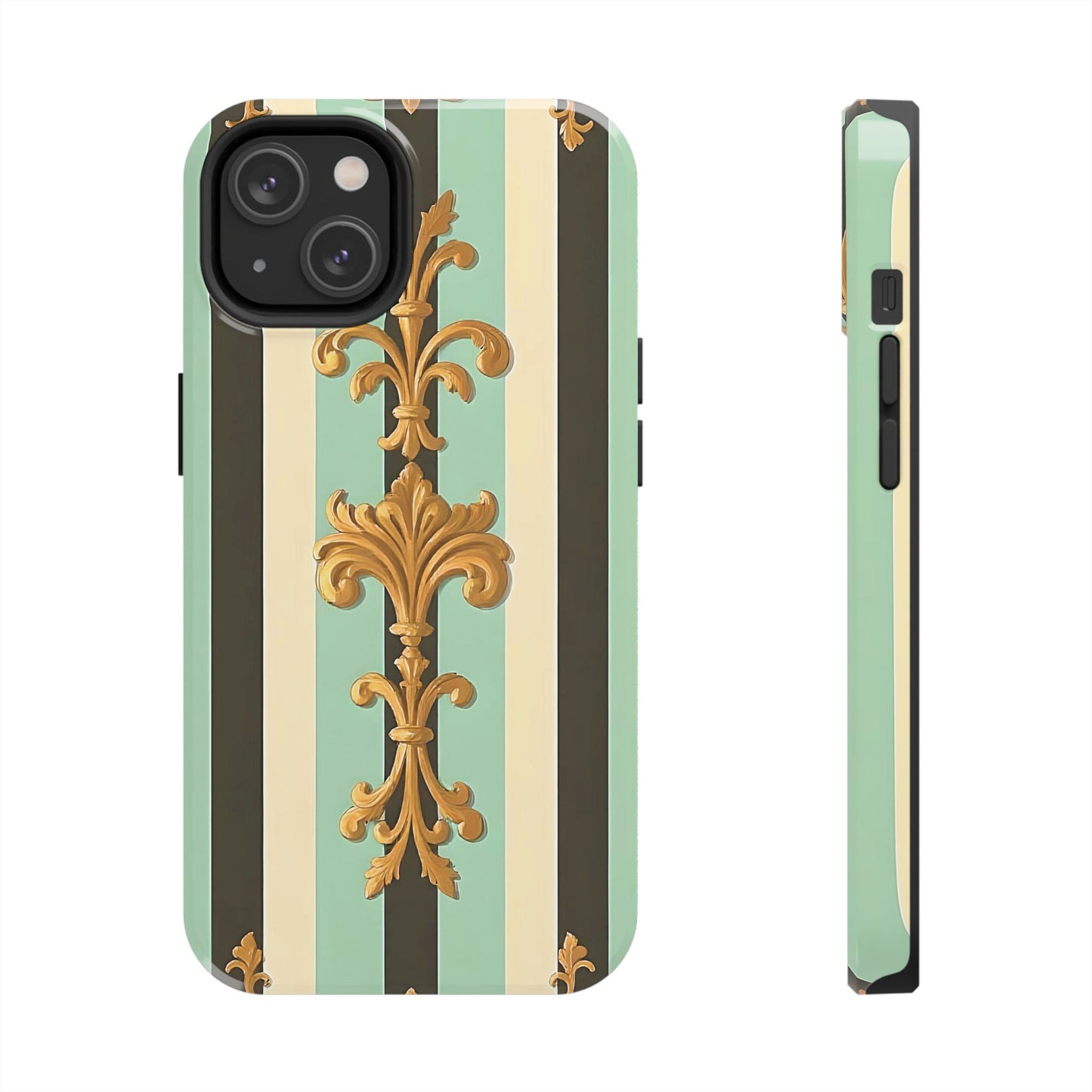 Elegant Floral Tough Phone Cases - Stylish Protection for All Occasions, Gifts for Her, Phone Covers - Black & Matte Mint Striped Rococo