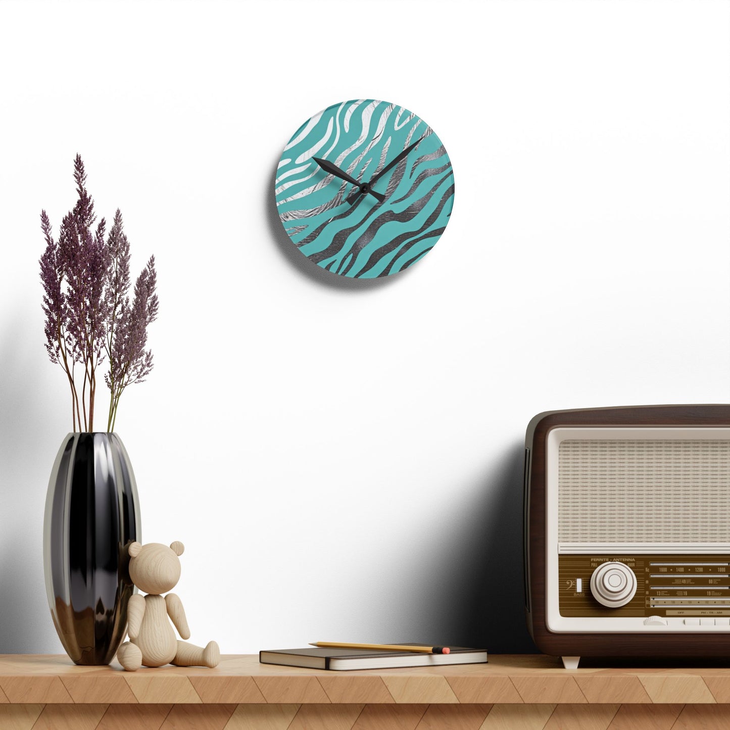 Stylish Zebra Print Acrylic Wall Clock - Modern Home Decor -  Aqua & Silver