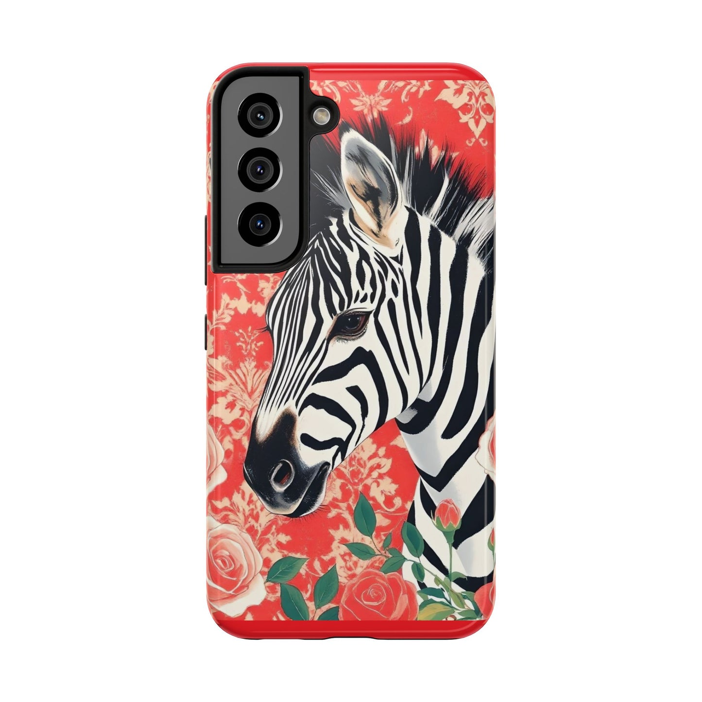 Zebra Tough Phone Case - Trendy Floral Design for Animal Lovers - Zebra With Coral Roses & Damask
