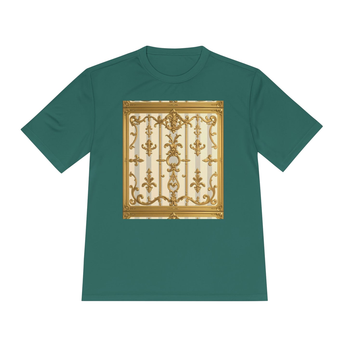 Elegant Gold Unisex Moisture Wicking Tee, Fashion Tee, Workout Shirt, Summer Style - Matte Gray & Cream Striped Gold Baroque