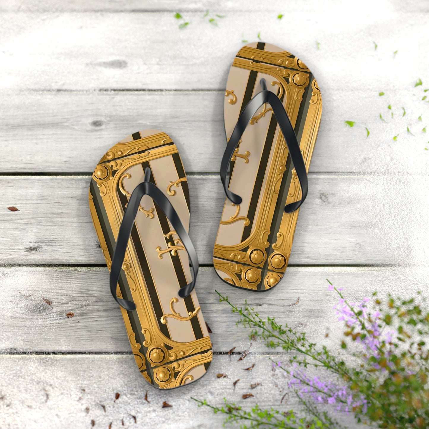 Elegant Golden Flip Flops, Summer Footwear, Beach Sandals, Vacation Essentials, Gift for Her - Beige Striped Gold Rococo