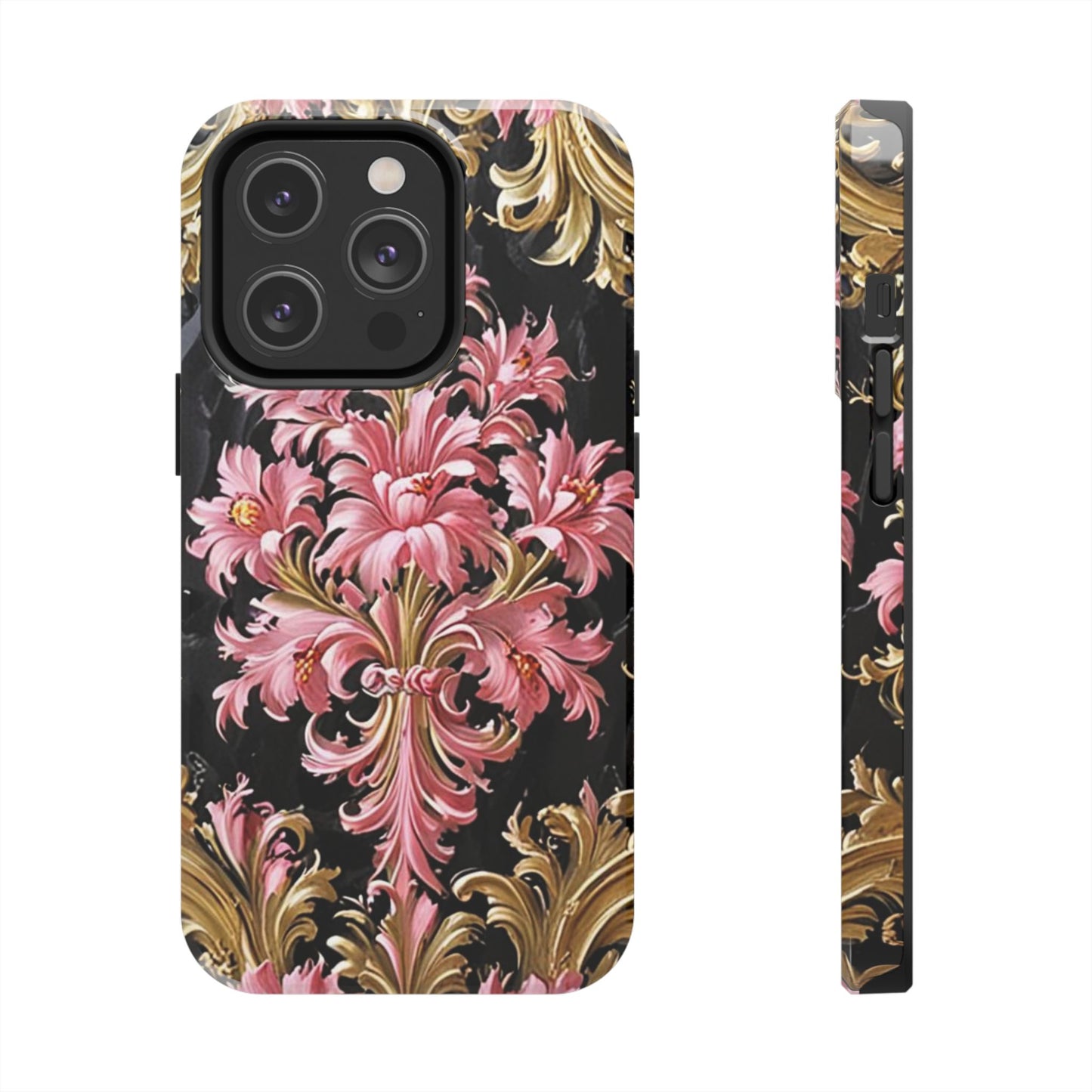 Elegant Floral Tough Phone Cases | Stylish Protection for Her | Gift for Birthdays - Black & Pink Oil Painting Style Rococo