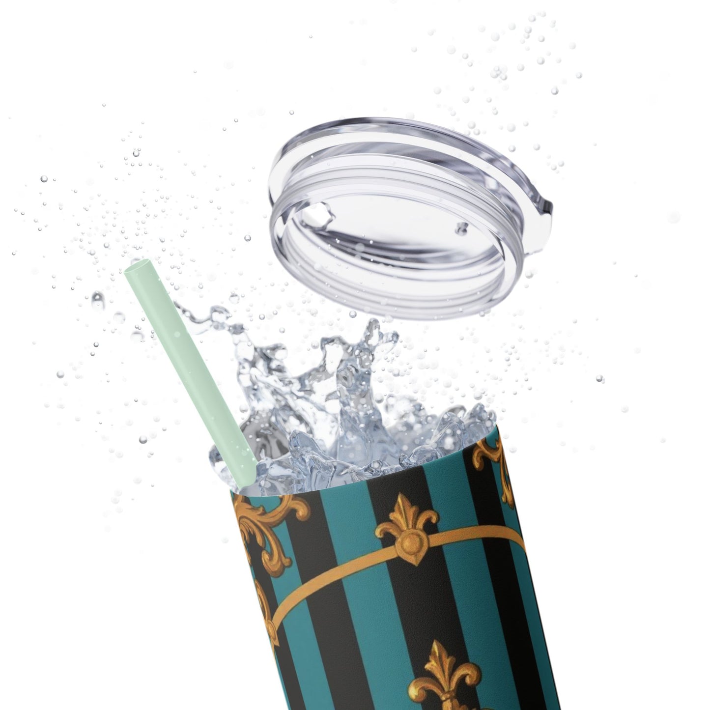 Elegant Turquoise & Black Striped Gold Baroque Skinny Tumbler with Straw, 20oz, Stylish Travel Mug, Party Favor, Birthday Gift, Drinkware