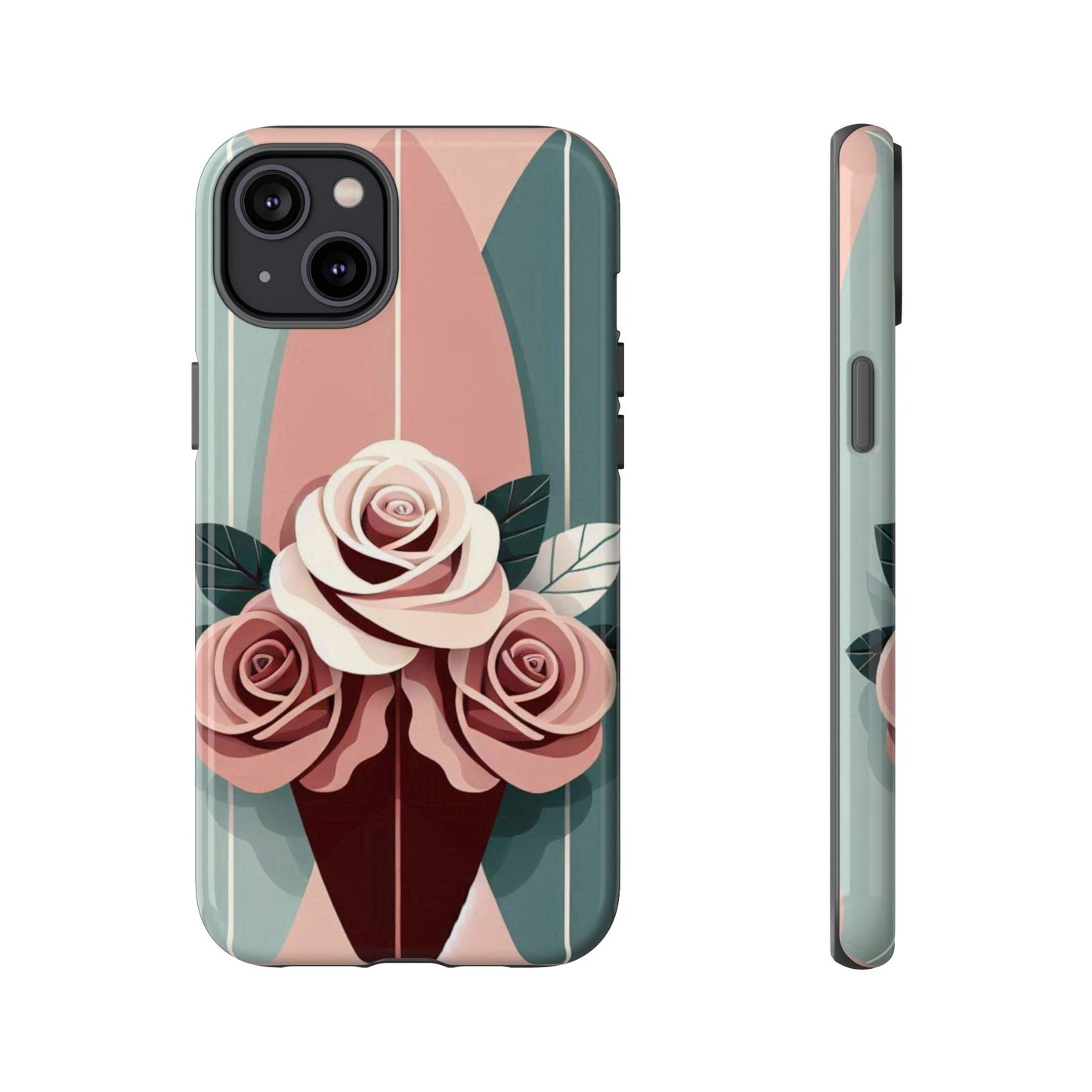 Phone Case - Burgundy, Matte Mauve & Teal Surfboard & Roses Design