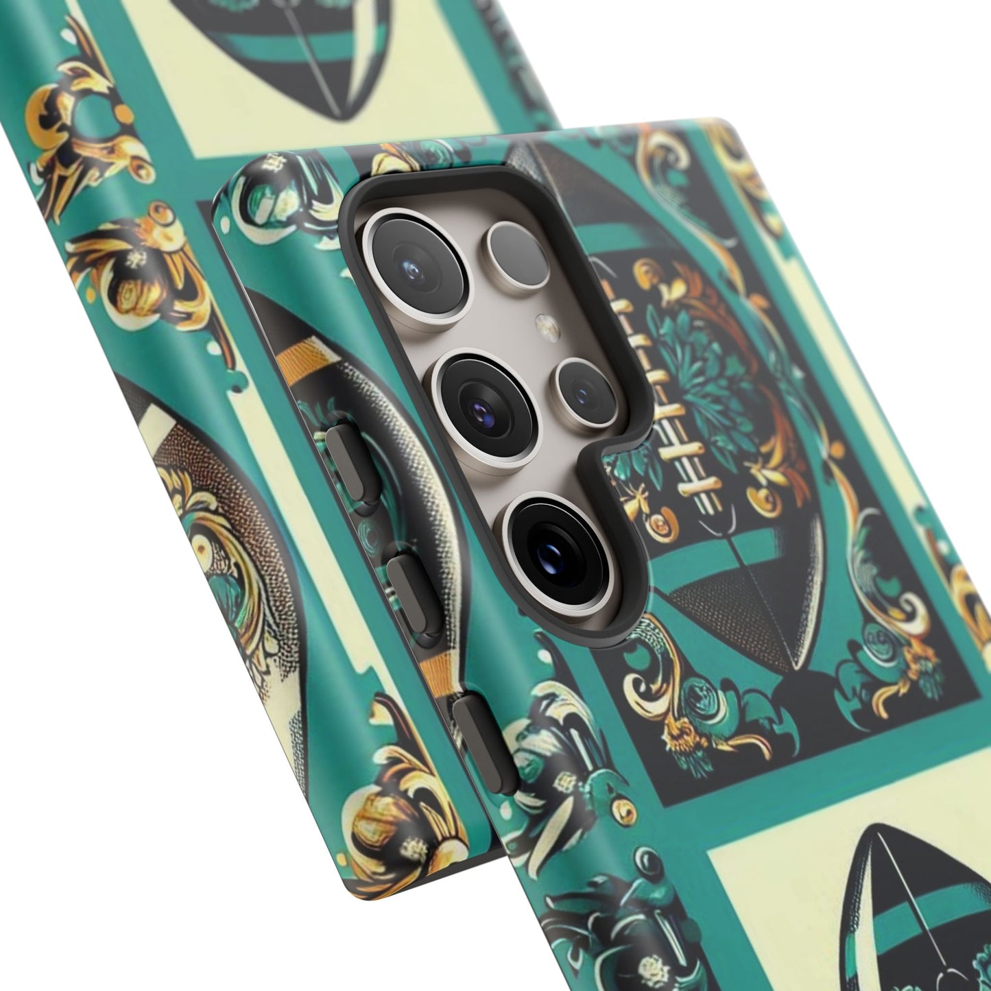 Elegant Floral Motif Phone Case - Tough Cases with Vintage Design -  Damask Teal, Gold & Black Footballs