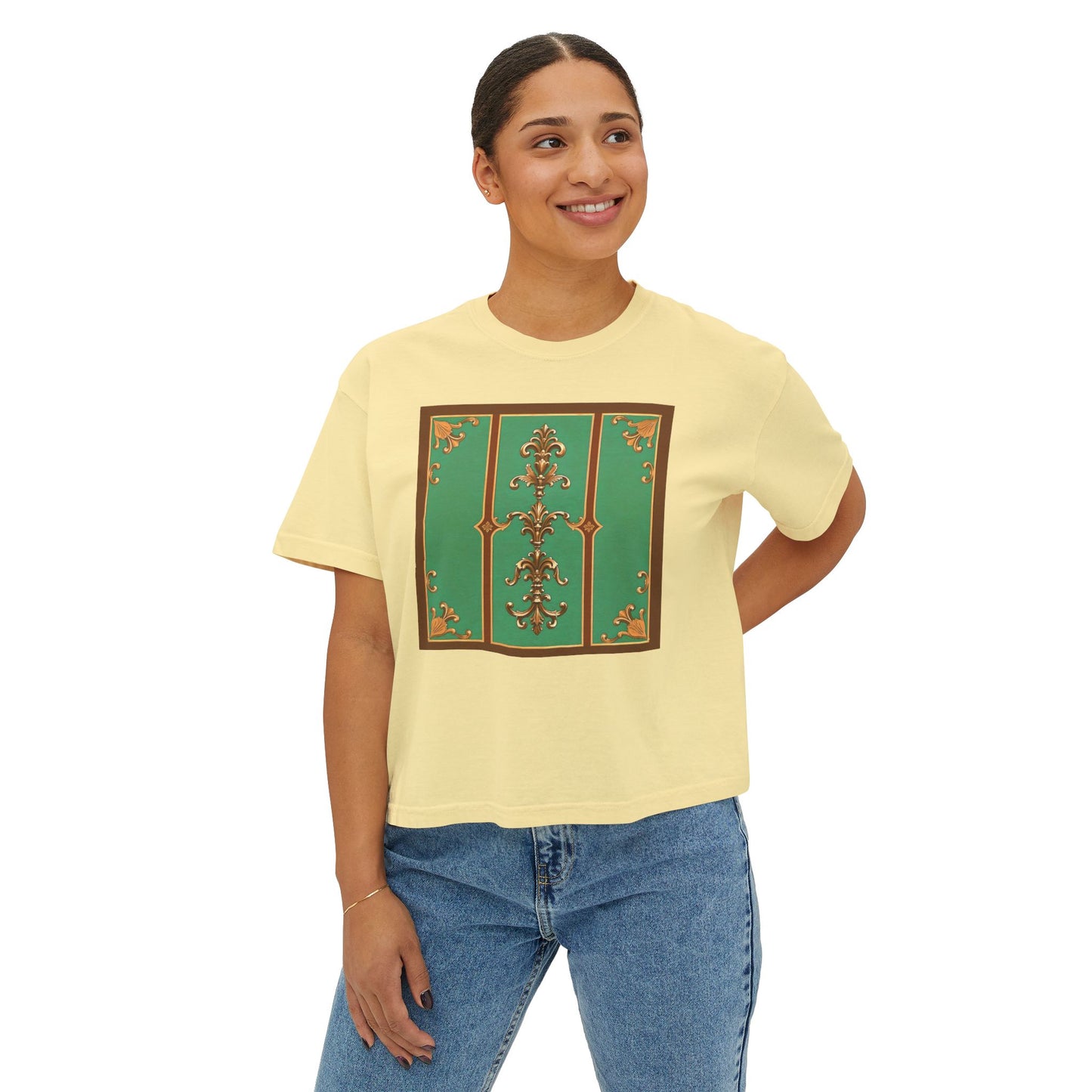 Elegant Vintage Floral Women's Boxy Tee - Trendy Casual Shirt for All Occasions - Rust & Green Striped Baroque