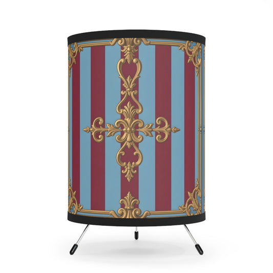 Elegant Tripod Lamp with Vintage-Style Printed Shade, Home Decor, Lighting Fixture, Vintage Inspired - Sky Blue & Maroon Striped Baroque