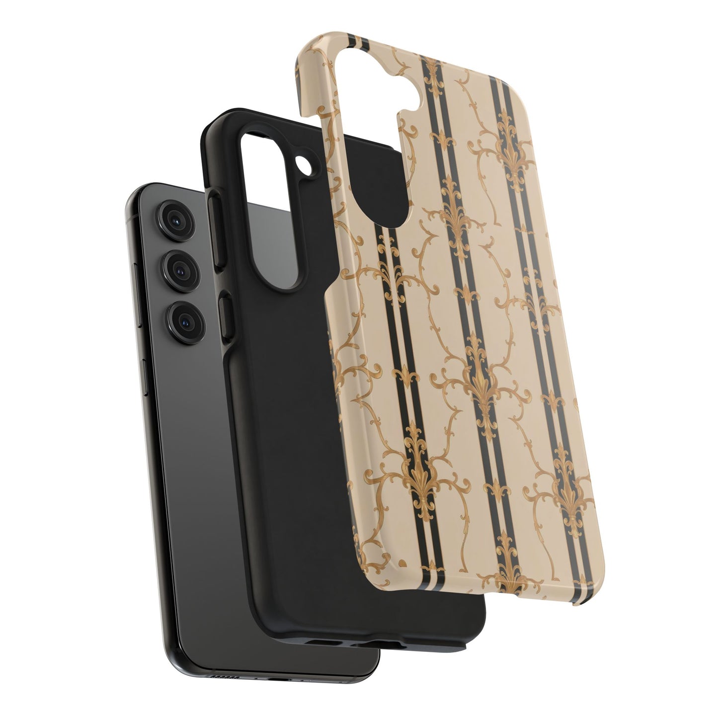 Elegantly Tough Phone Cases | Stylish Phone Covers, Durable Cases, Fashionable Accessories - Black & Beige Striped Damask