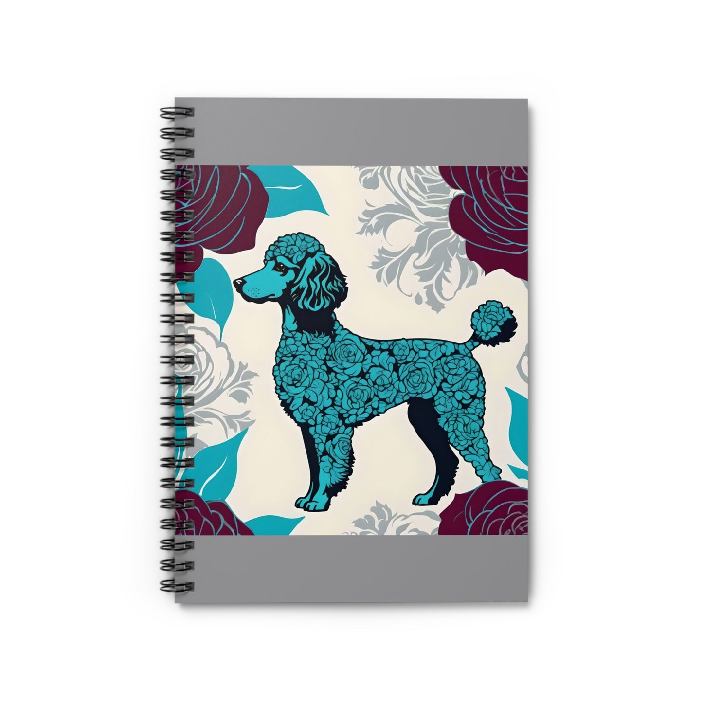 Elegant Vintage Spiral Notebook - Ruled Line with Rose Inspired Turquoise Poodle With Burgundy Roses