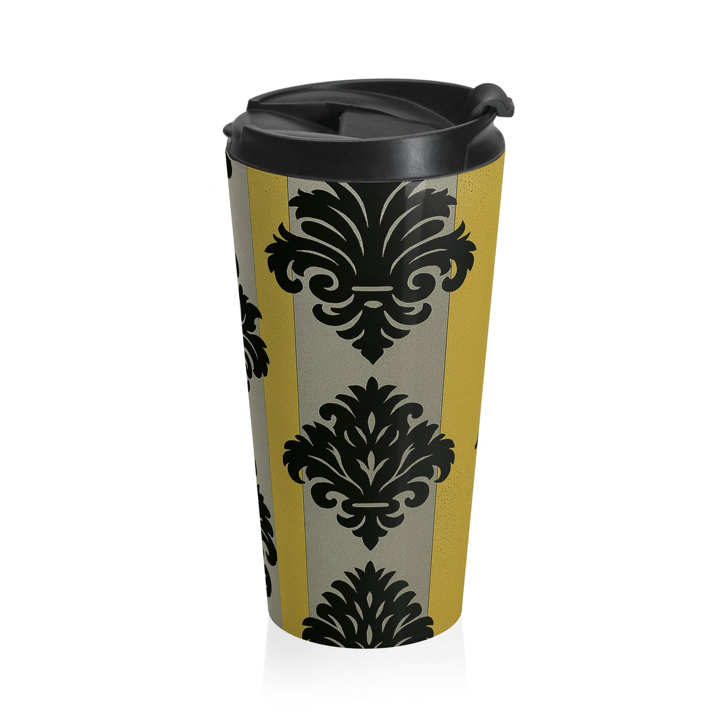 Stylish Travel Mug, Insulated Coffee Cup, Elegant Travel Tumbler, Coffee Lover Gift, Office Mug, Tea Container - Silver & Gold Striped Black Baroque