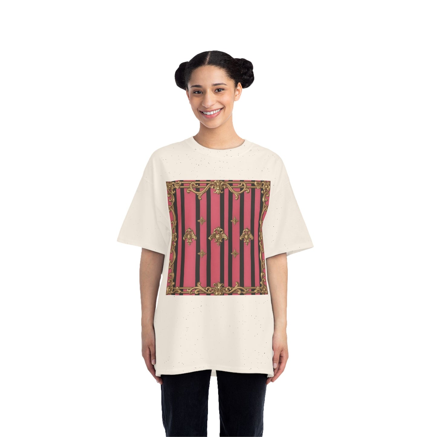 Elegant Baroque Short-Sleeve T-Shirt - Artistic Fashion, Graphics Tee, Unique Gift, Stylish Apparel, Casual Wear - Pink Striped Gold Rococo