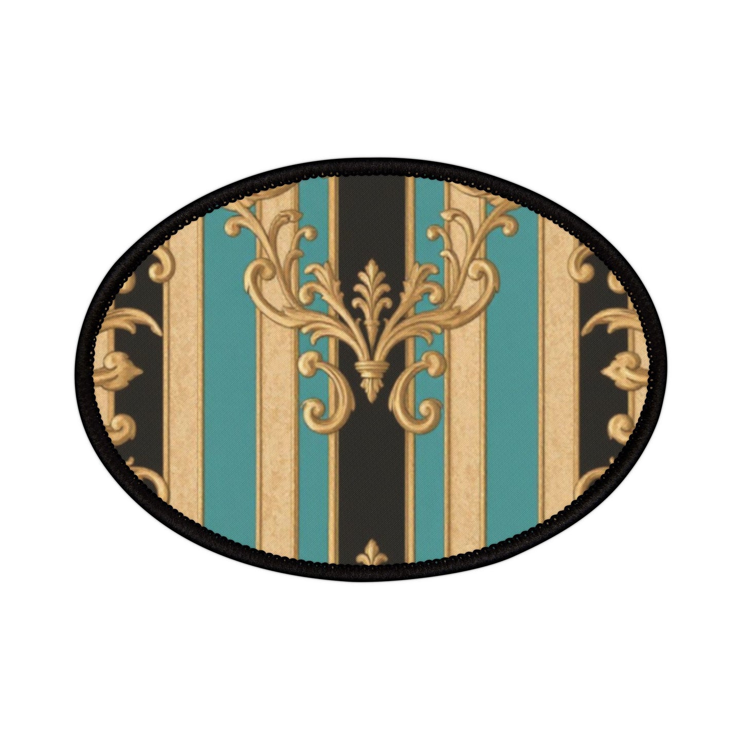 Black, Tan & Ocean Green Striped Gold Baroque Vintage-Inspired Iron-On Patches for Personalization, DIY Fashion, Upcycle Your Style, Gift for Crafters
