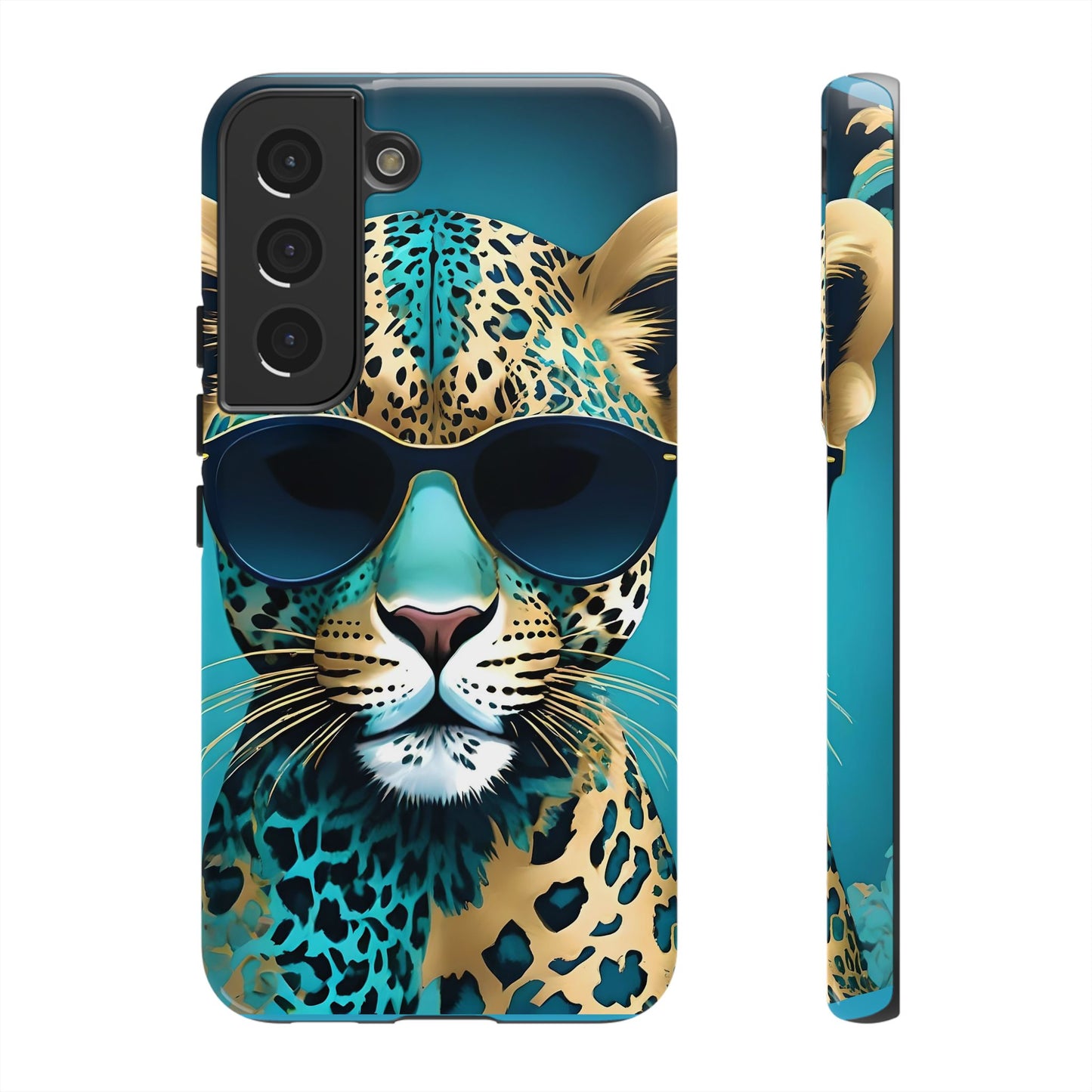 Phone Case - Aqua & Gold Leopard In Sunglasses Design