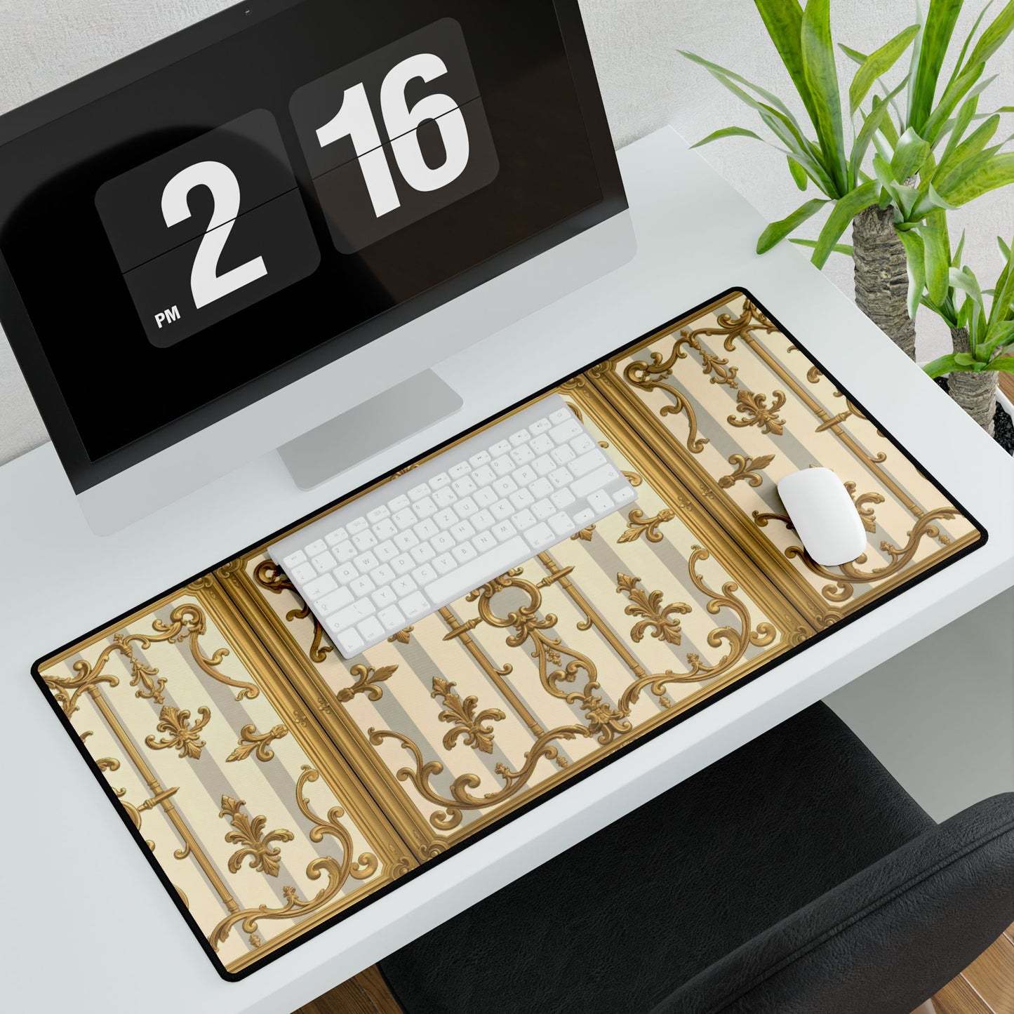 Elegant Desk Mats for Home Office Decor | Luxurious Black and Gold Designs | Perfect for Gifts - Matte Gray & Cream Striped Gold Baroque
