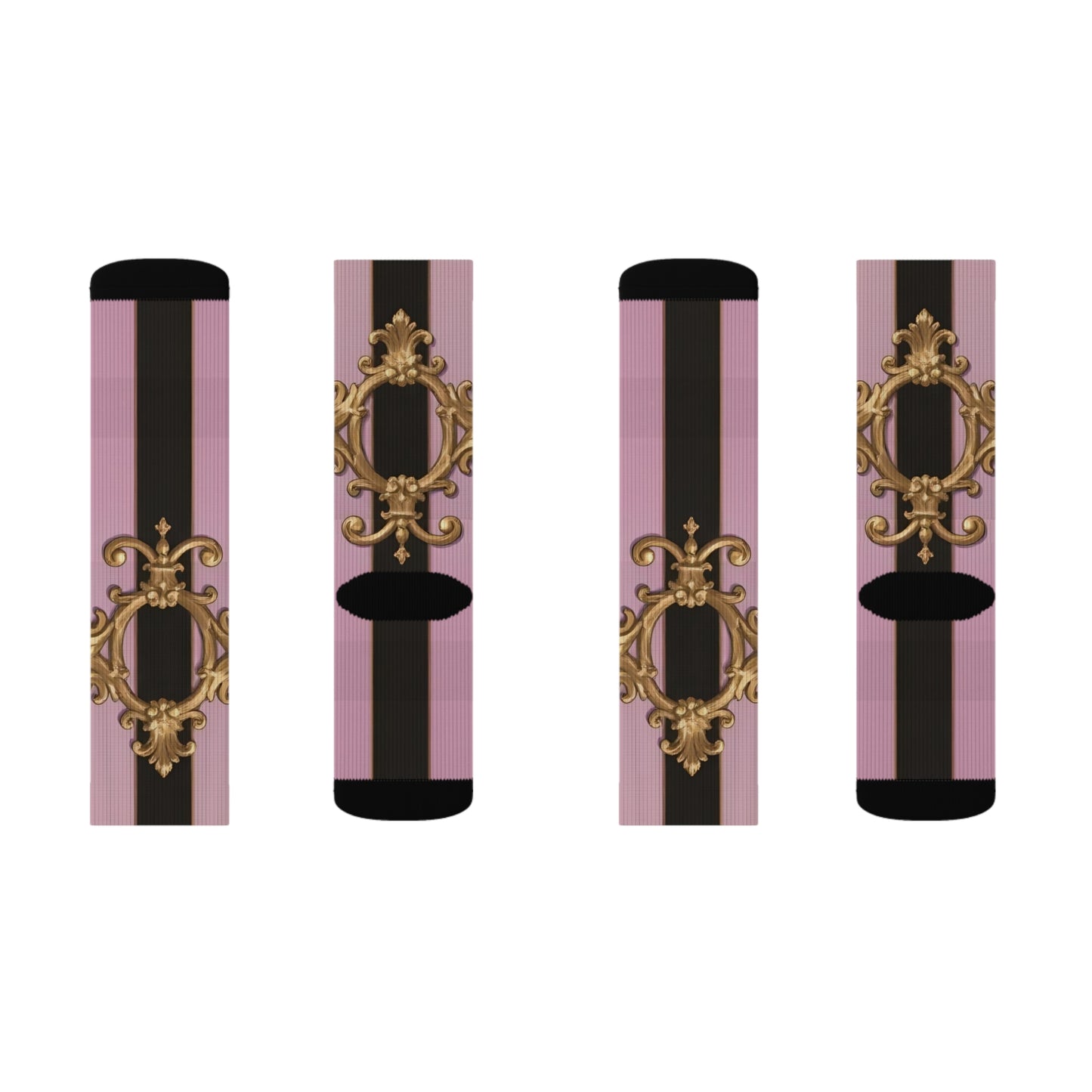 Chic Floral Sublimation Socks for Fashion Lovers, Cute Gift for Her, Trendy Footwear, Stylish Accessories - Matte Lavender & Black Striped Gold Baroque
