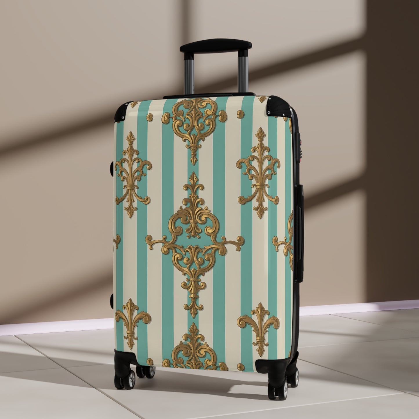 Chic Travel Suitcase, Stylish Luggage, Travel Accessory, Vintage Design Bag, Perfect for Vacation - Matte Green Striped Rococo