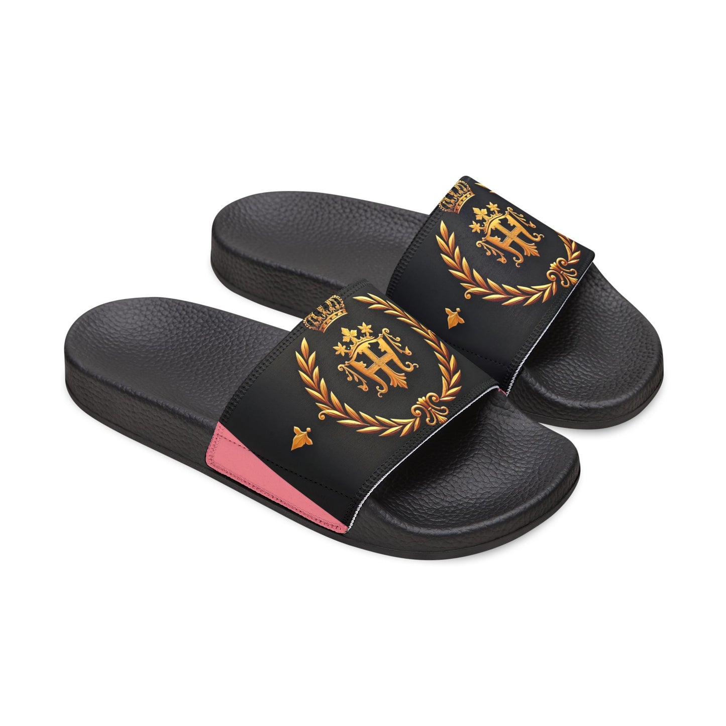 Chic Women's Removable-Strap Sandals | Stylish Summer Footwear, Pool Slides, Casual Beach Shoes, Vacation Footwear - Pink Striped Gold Crest