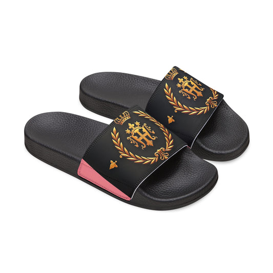 Chic Women's Removable-Strap Sandals | Stylish Summer Footwear, Pool Slides, Casual Beach Shoes, Vacation Footwear - Pink Striped Gold Crest