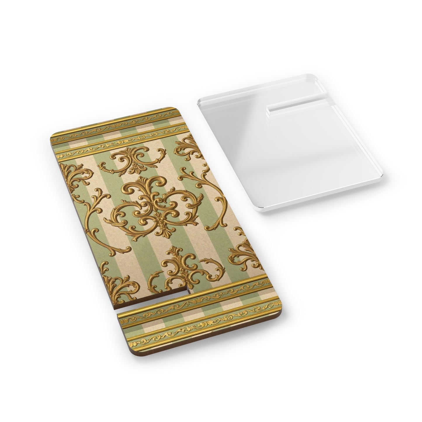 Elegant Phone Stand, Decorative Mobile Display, Smartphone Holder, Stylish Desk Accessory - Mint Green & Beige Striped Gold Baroque