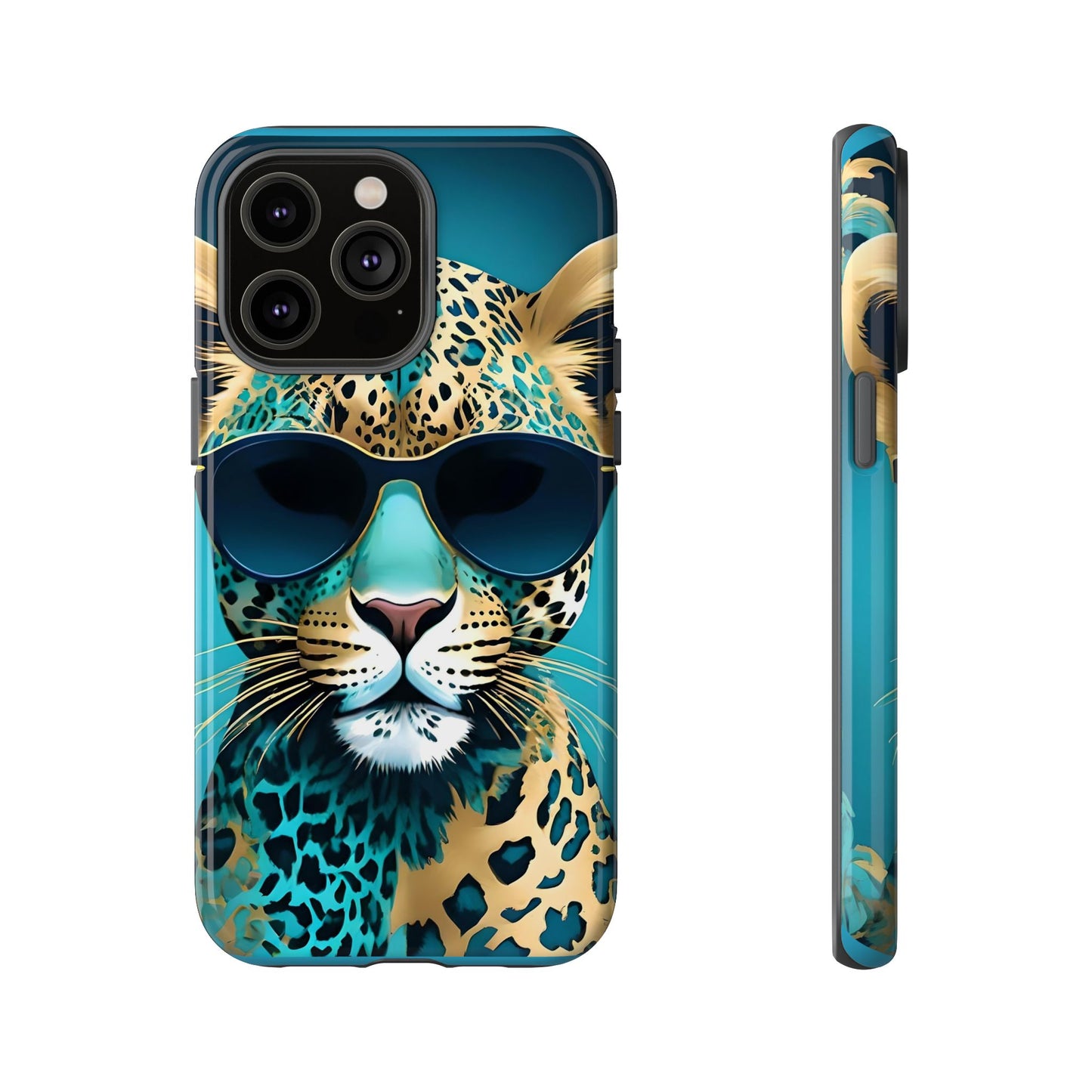 Phone Case - Aqua & Gold Leopard In Sunglasses Design