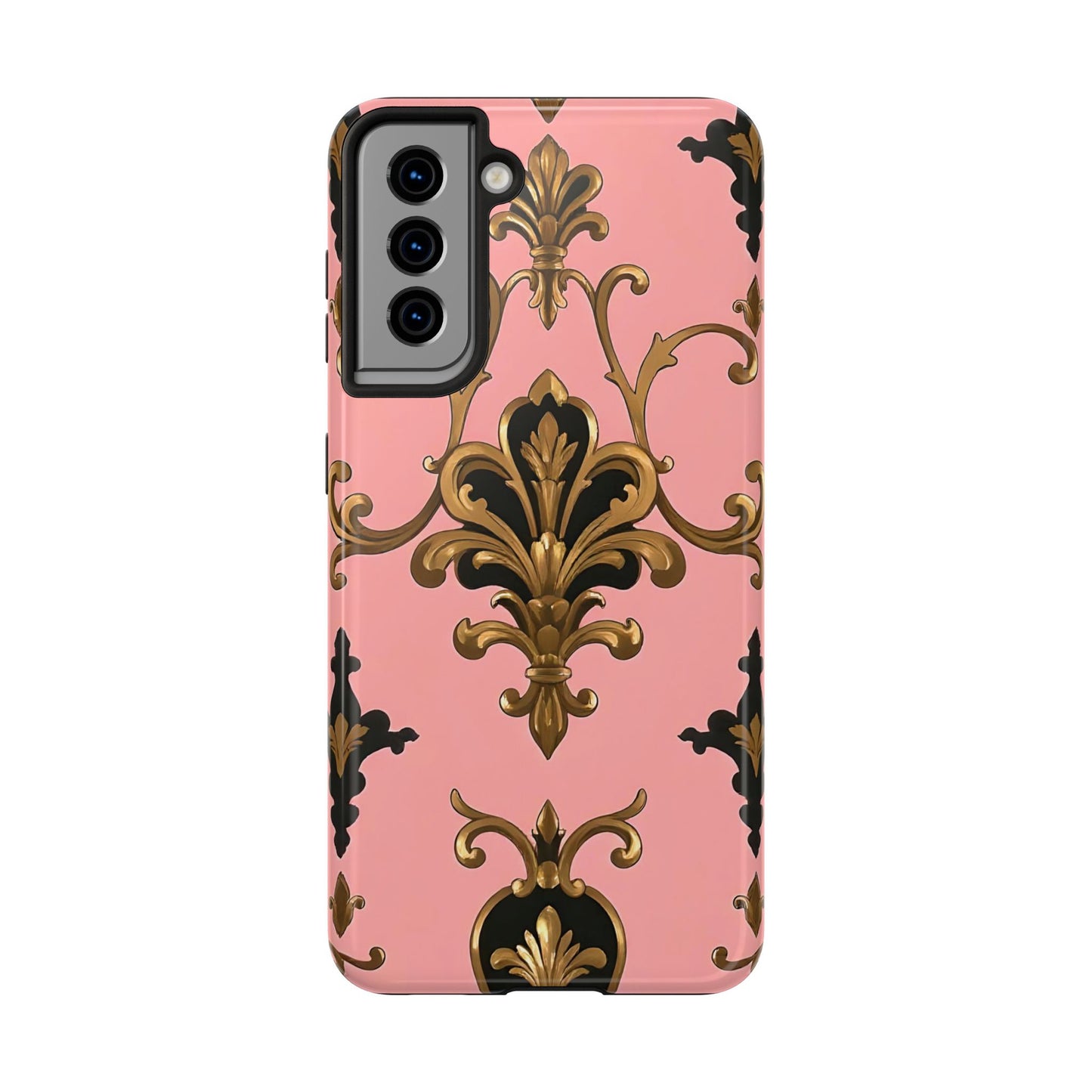 Chic Tough Phone Cases with Floral Design, Elegant Phone Cover, Durable Smartphone Case, Stylish Tech Accessory - Pink, Black & Gold Rococo