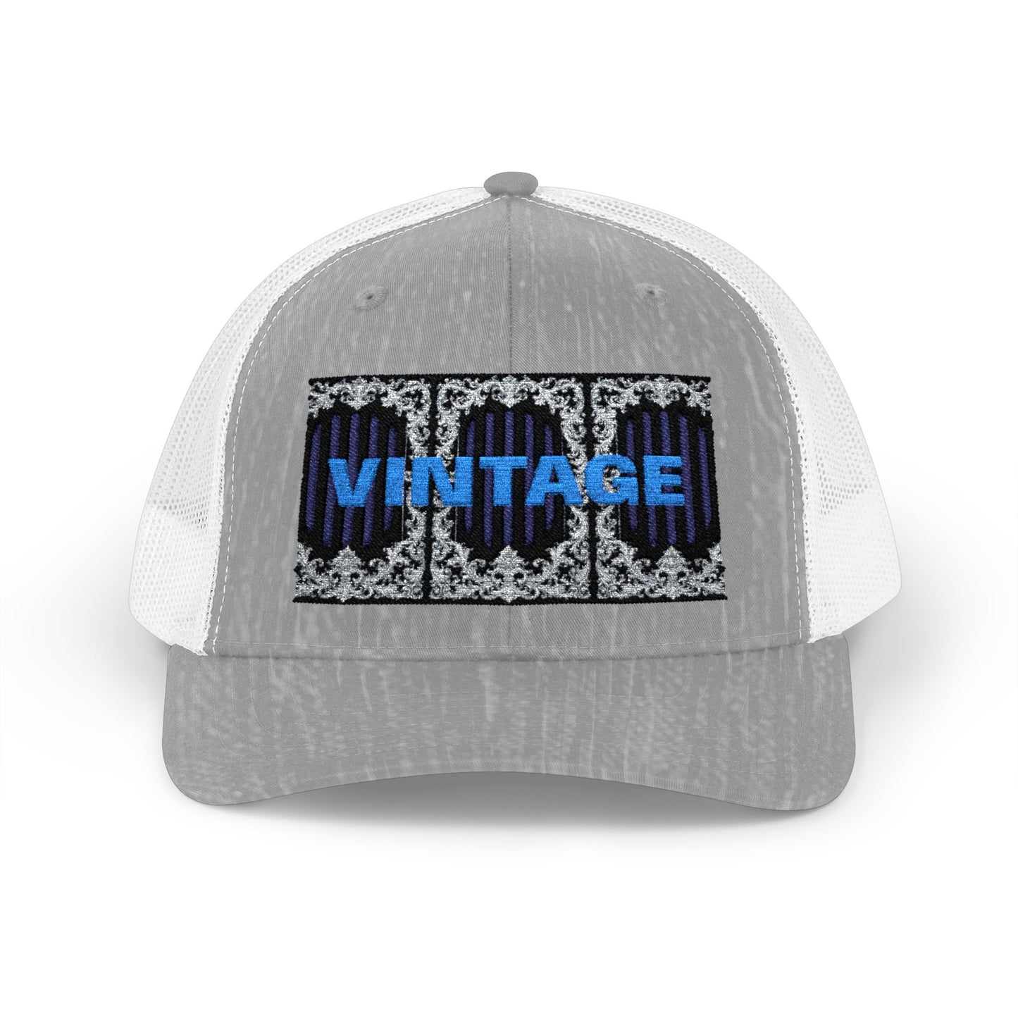 Vintage Navy Stripes & Baroque Trucker Cap — Retro 'VINTAGE' Embroidered Snapback