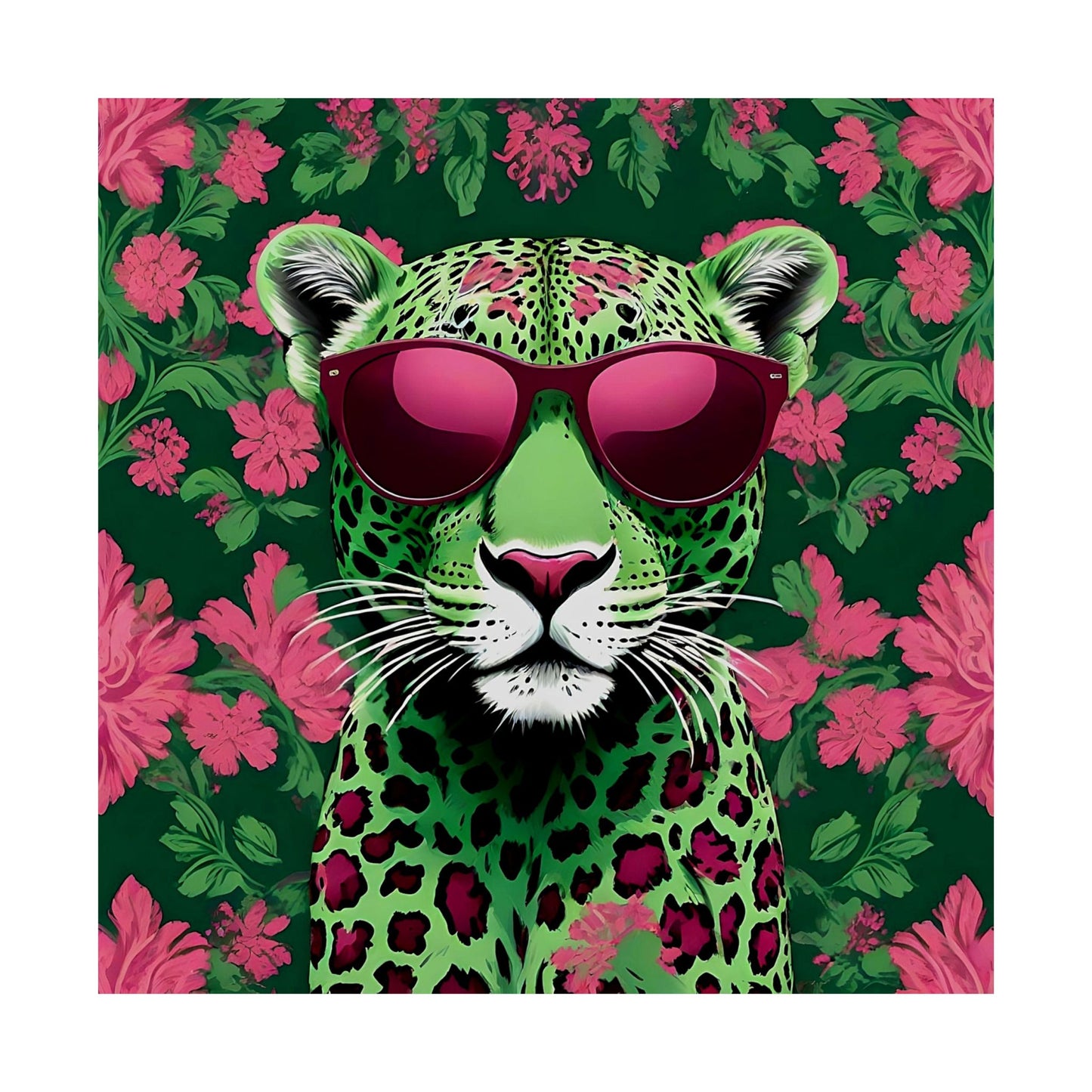 Floral Motif Art Poster - Elegant Matte Vertical Wall Decor - Lime Green & Burgundy Leopard In Sunglasses