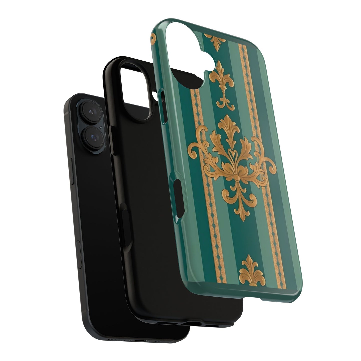 Elegant Floral Motif Phone Case - Tough Cases with Vintage Design - Teal Striped Gold Damask