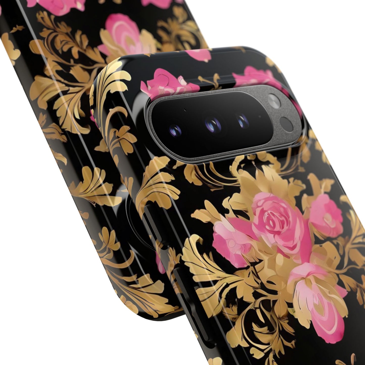 Elegant Floral Motif Phone Case - Tough Cases with Vintage Design - Pink & Gold Roses