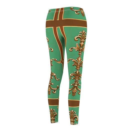 Stylish Vintage-Inspired Women's Casual Leggings with Elegant Patterns - Rust & Green Striped Baroque