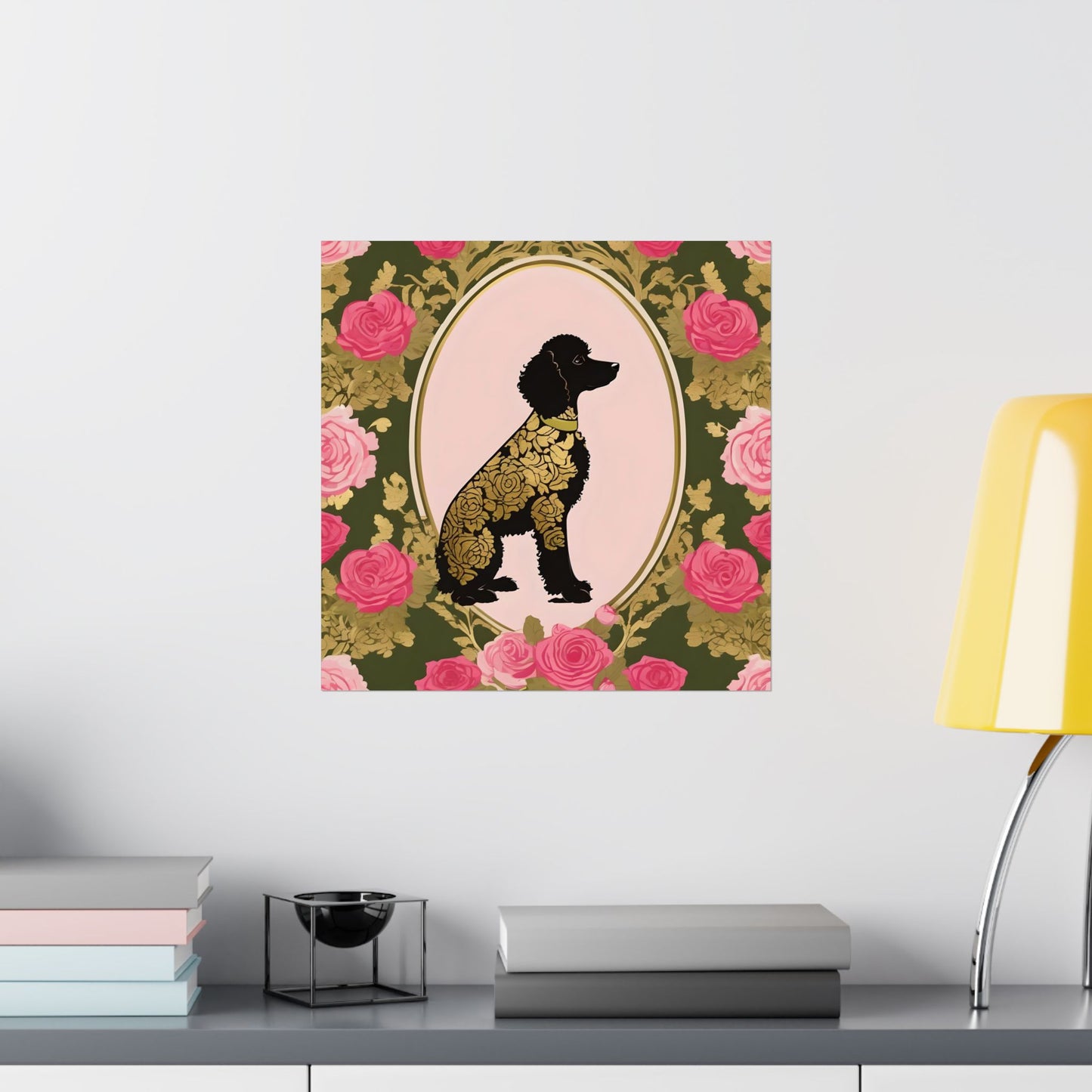 Vertical Poster - Elegant Matte Floral Art Wall Decor - Damask Black & Gold Poodle in Olive & Pink Roses