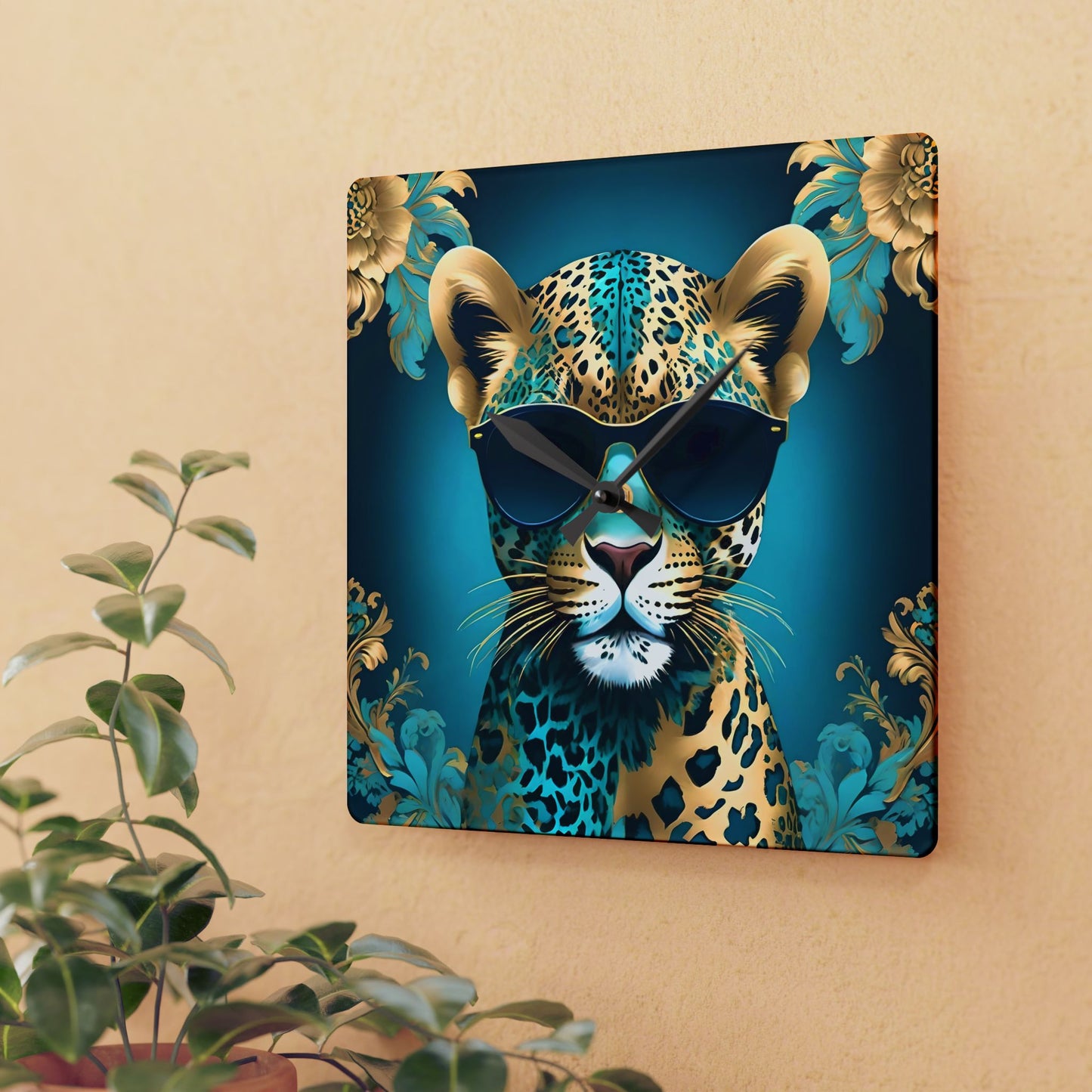 Animal Lover Wall Clock - Aqua & Gold Leopard In Shades - Fun & Elegant Art Design