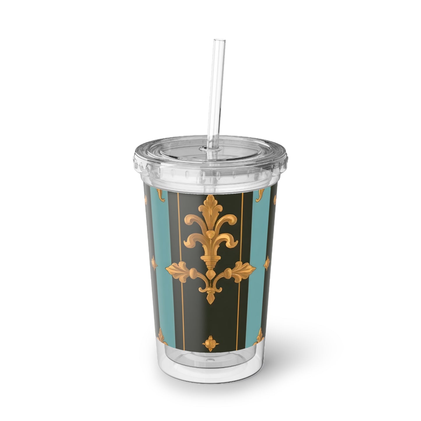Suave Acrylic Cup with Elegant Stripe Design, Stylish Tumbler, Perfect for Parties, Gifts, Home Decor, Travel - Black & Turquoise Striped Baroque