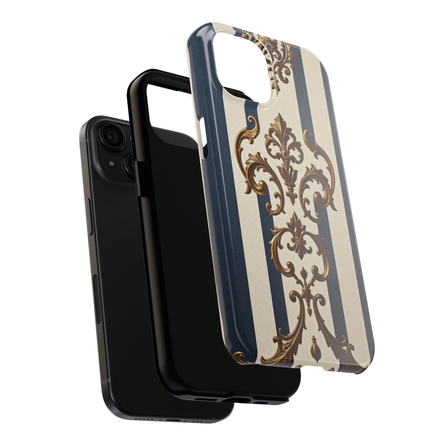 Damask Tough Phone Case - Alabaster & Blue Striped Damask