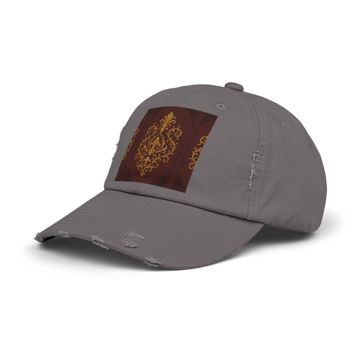 Dusk Burgundy-Black & Gold Baroque Distressed Black Cap with Vintage Gold Baroque Panel – Elegant Retro Baseball Hat