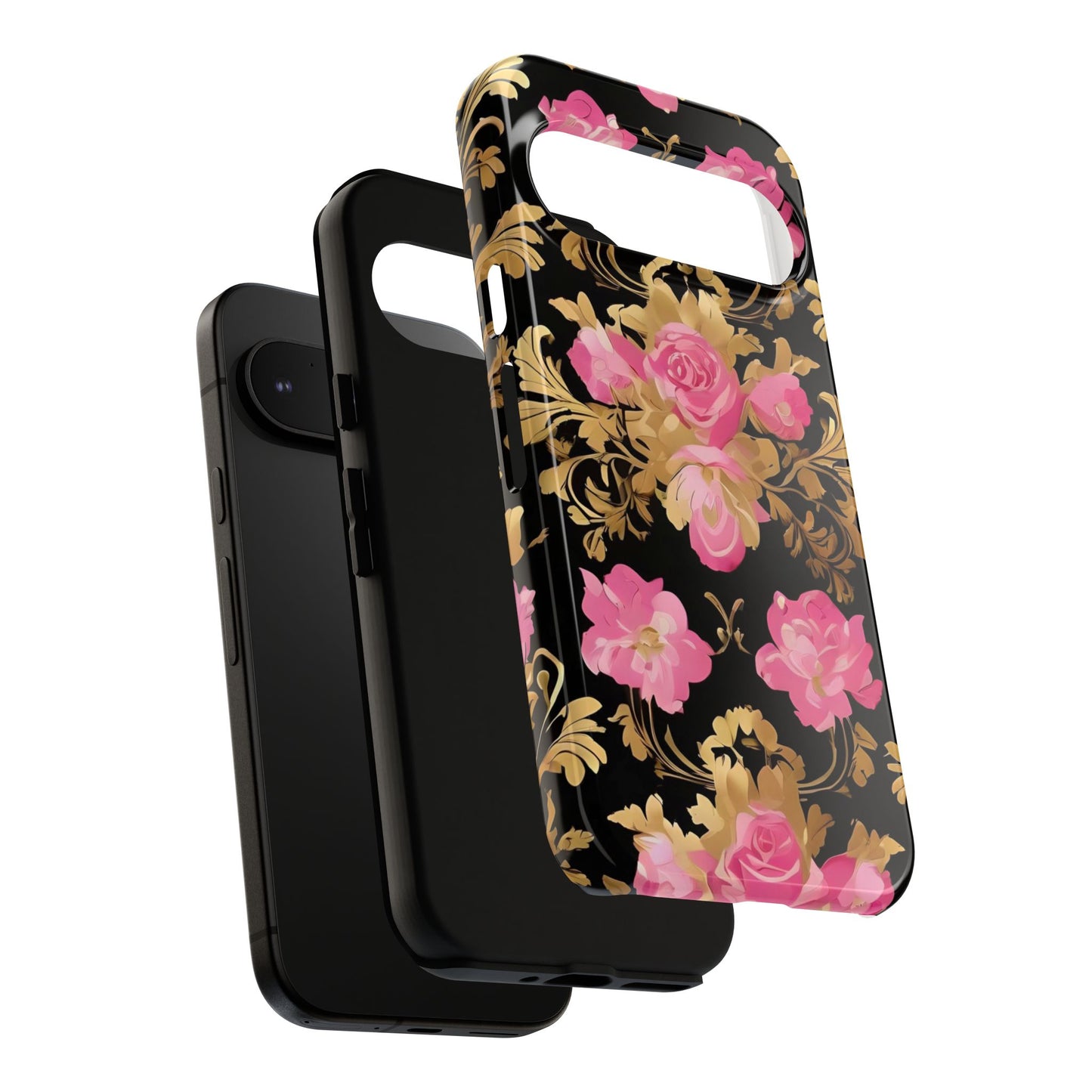 Elegant Floral Motif Phone Case - Tough Cases with Vintage Design - Pink & Gold Roses