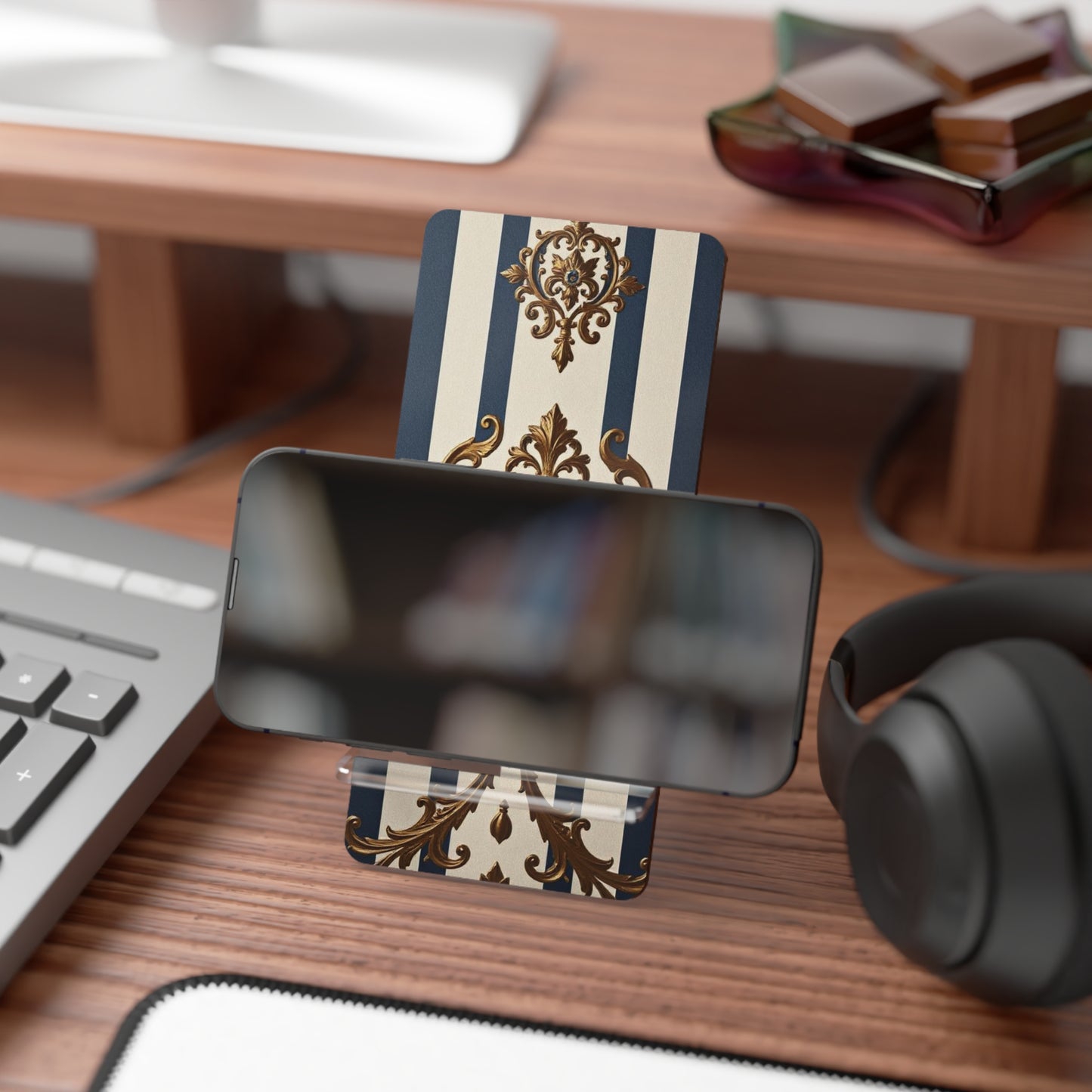 Elegant Floral Motif Smartphone Display Stand - Alabaster & Blue Striped Gold Damask - Decorative Mobile Holder
