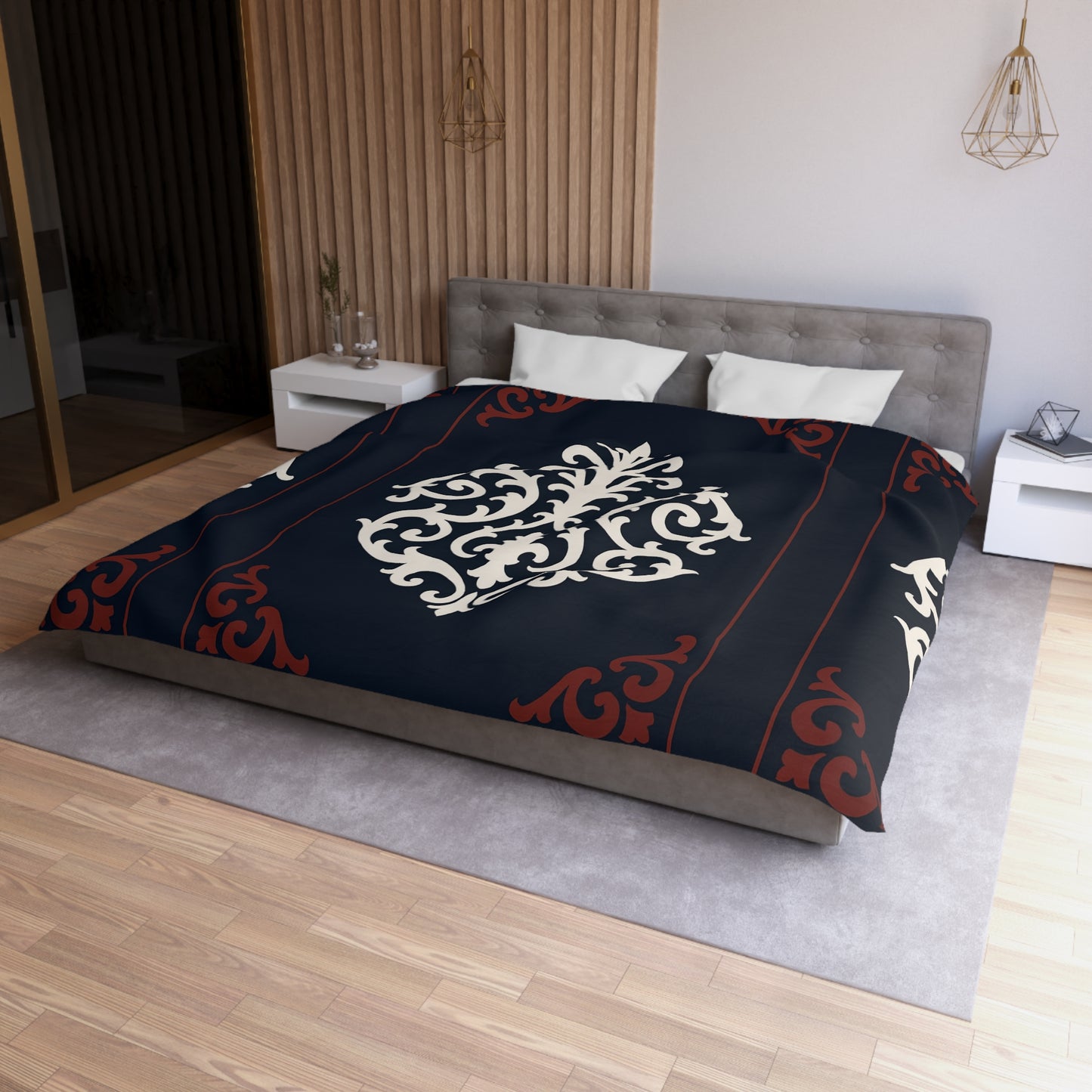 Dusk Blue-Maroon & White Baroque Microfiber Duvet Cover — Dusk Blue & White Decorative Bedding