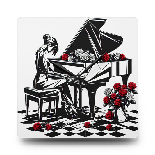 Elegant Piano and Roses Acrylic Wall Clock - Modern Home Decor