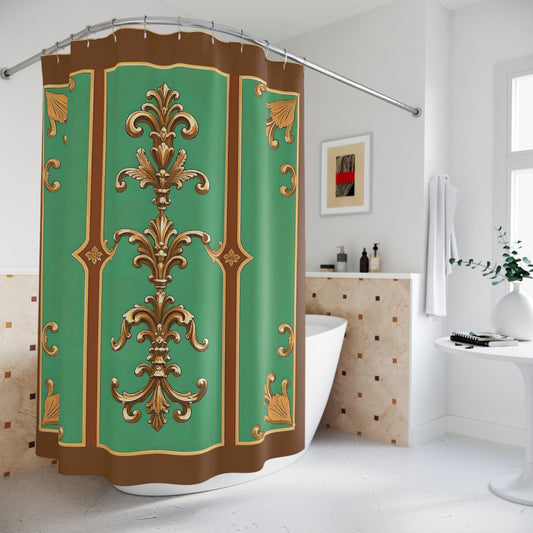 Elegant Vintage Shower Curtain | Boho Chic Bathroom Decor | Green and Gold Home Accent  - Rust & Green Striped Baroque