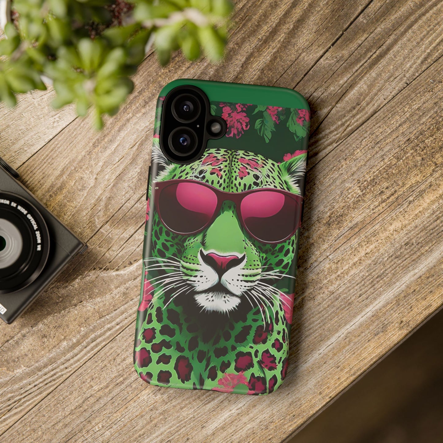 Phone Case - Lime Green & Burgundy Leopard In Sunglasses Design