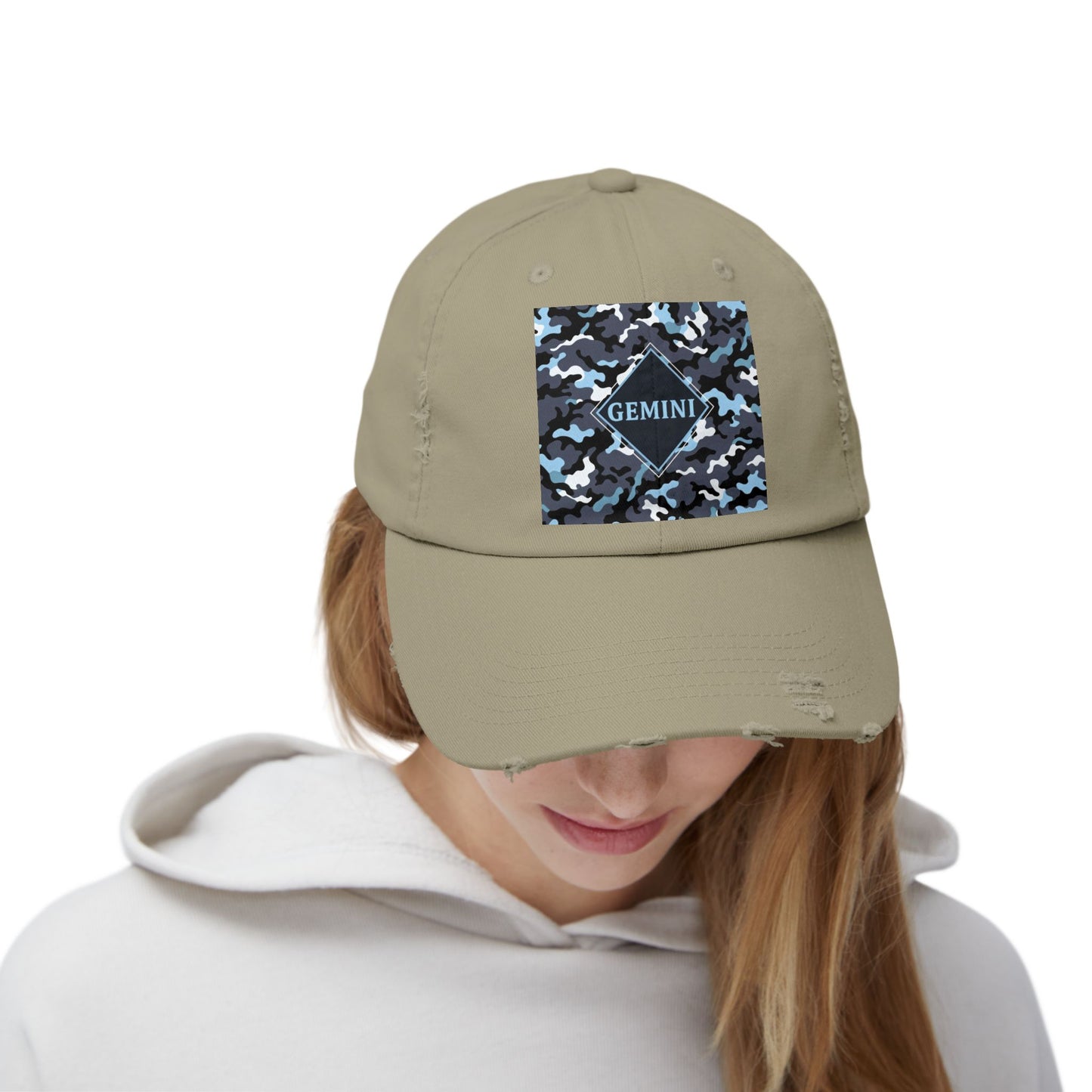 Gemini Distressed Cap - Unisex Camo Design - Black, Grey & Ice Blue