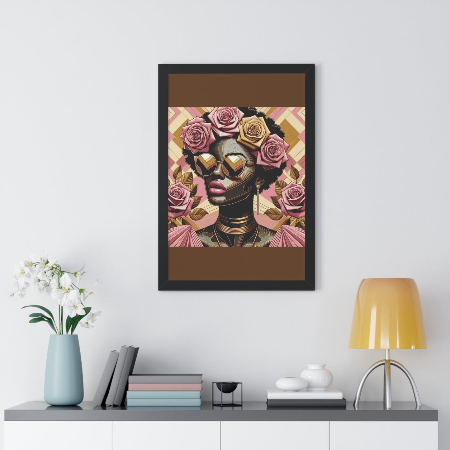 Elegant Framed Vertical Poster of Floral Woman, Home Decor, Wall Art, Gift for Her, Feminine Art Print - Pink Roses Lady